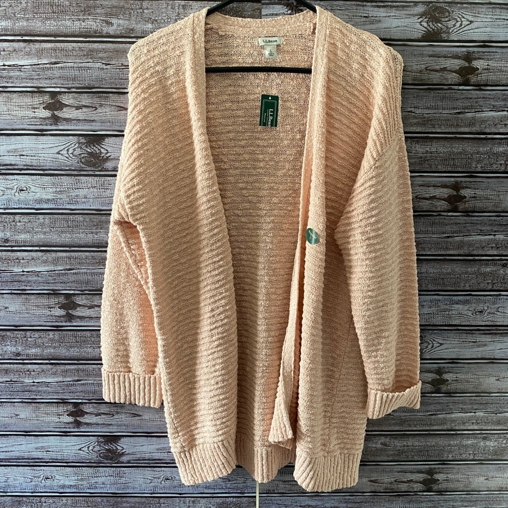 LL Bean Women's Cardigan Sweater Sz L Long-Sleeved Open-Front Lightest Peach NWT